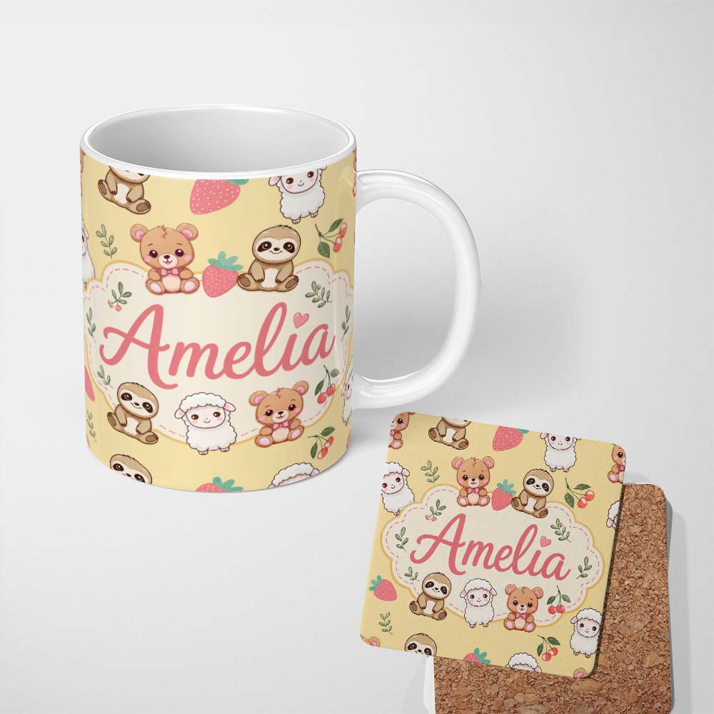 Personalized Custom Name Cute Baby Animals Bear Sheep Sloth Strawberry Cherry Yellow Lovely 11oz Ceramic Coffee Tea Mug White Large Handle