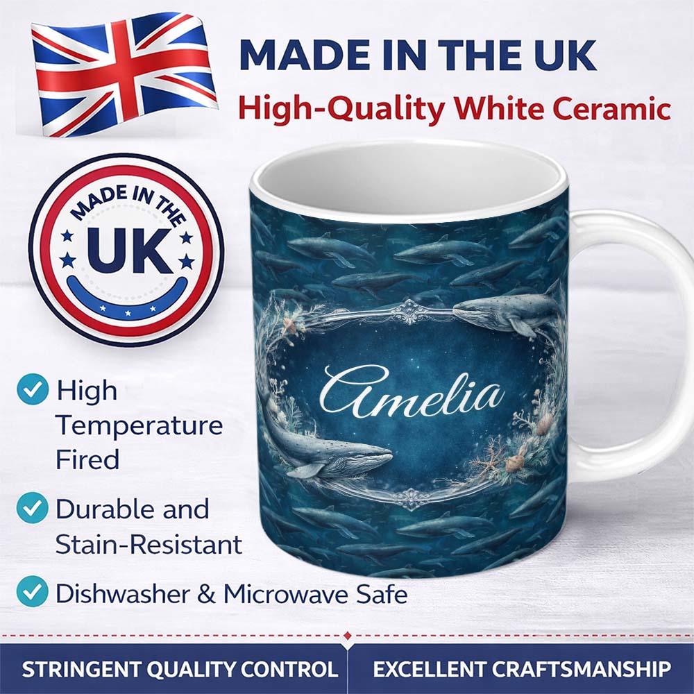 Personalized Custom Name Deep Ocean Whale Seamless Pattern Blue Marine Animal Design Lovely 11oz Ceramic Coffee Tea Mug White Large Handle