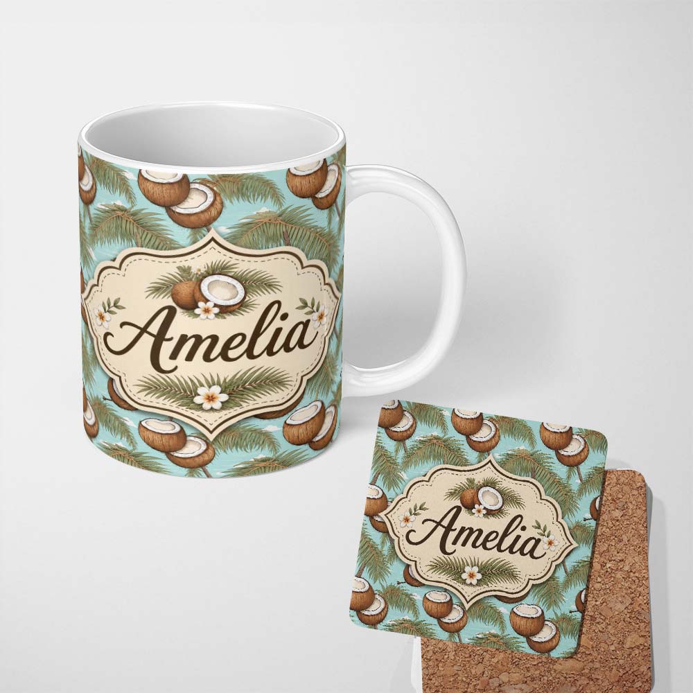 Personalized Custom Name Coastal Coconut Palm Tree Illustration on Sky Blue Beach Scene 11oz Ceramic Coffee Tea Mug White Large Handle