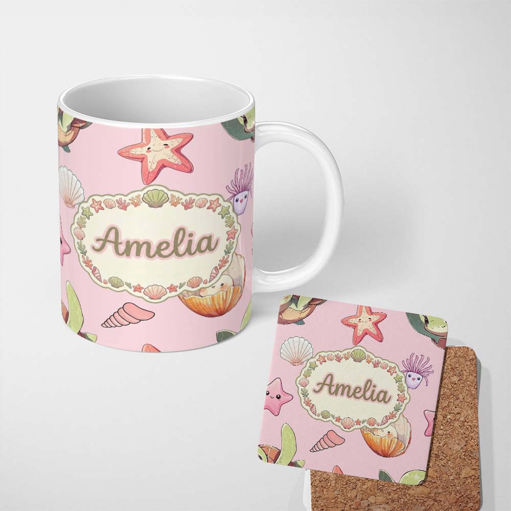 Personalized Custom Name Cute Sea Turtle Starfish Shell Kawaii Ocean Seamless Pattern Pink 11oz Ceramic Coffee Tea Mug White Large Handle