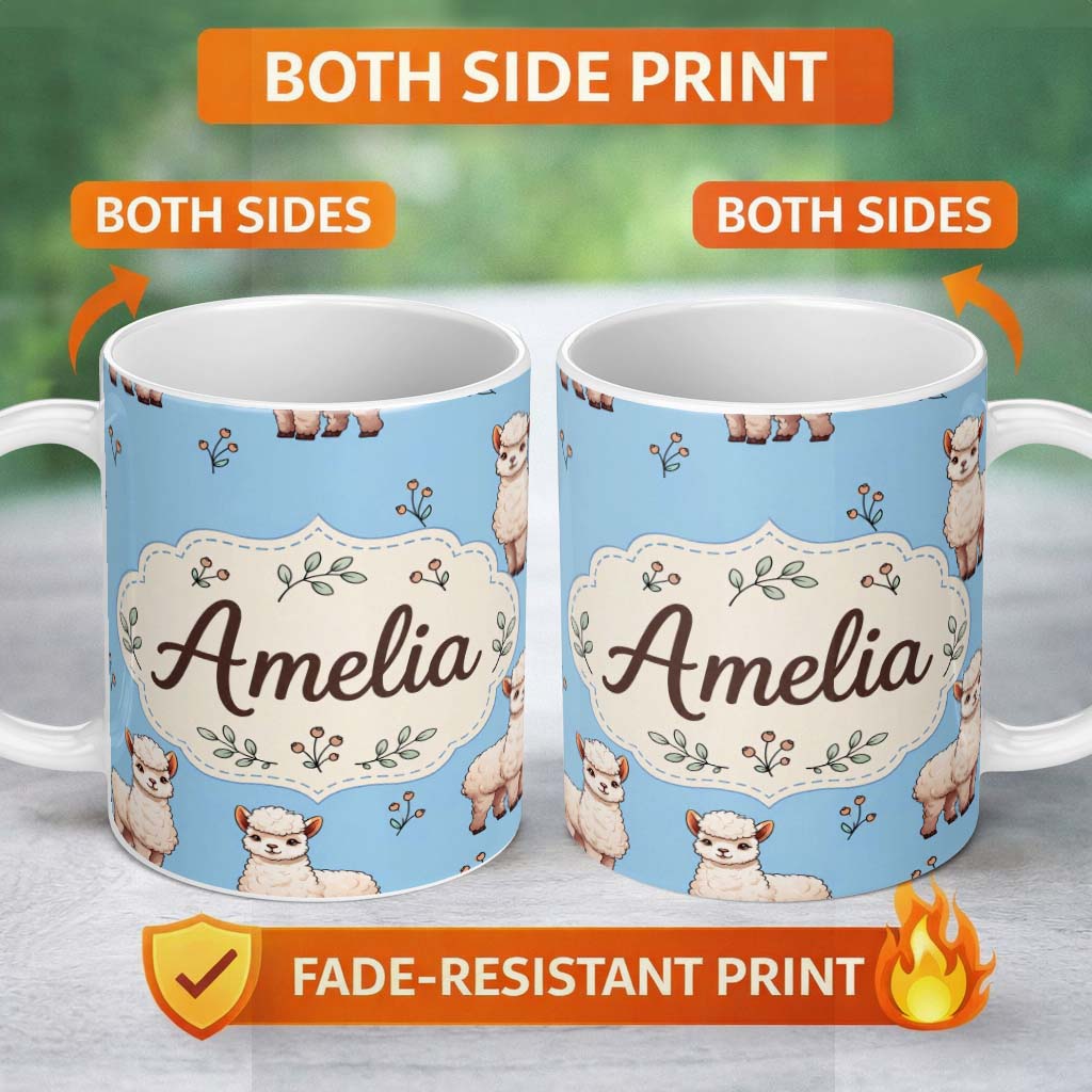 Personalized Custom Name Cute Alpaca Llama Farm Animals Floral Seamless Pattern Sky Blue 11oz Ceramic Coffee Tea Mug White Large Handle