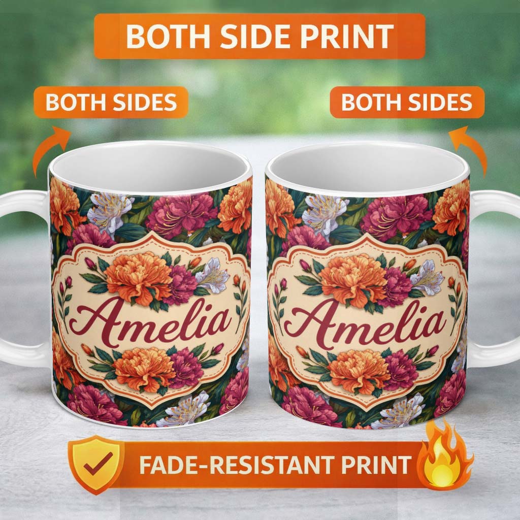 Personalized Custom Name Orange Purple and White Floral Botanical Seamless Pattern Lovely 11oz Ceramic Coffee Tea Mug White Large Handle