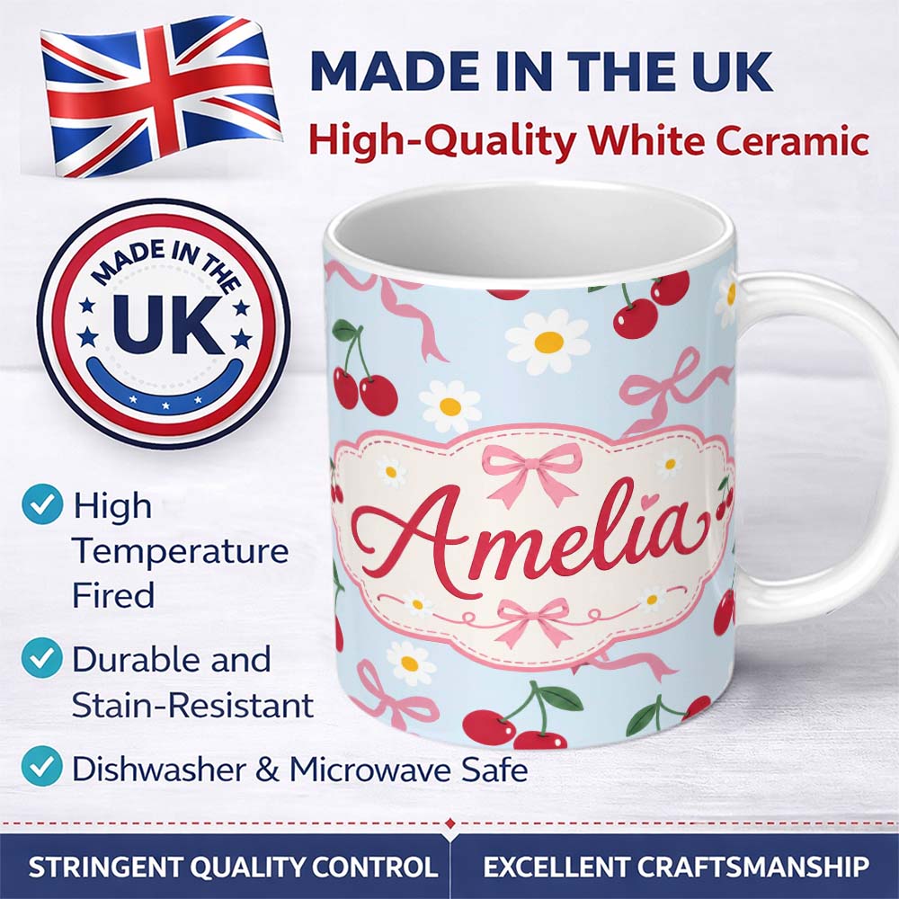 Personalized Custom Name Cute Cherry and Daisy Flowers with Pink Ribbon Bows Soft Blue Lovely 11oz Ceramic Coffee Tea Mug White Large Handle