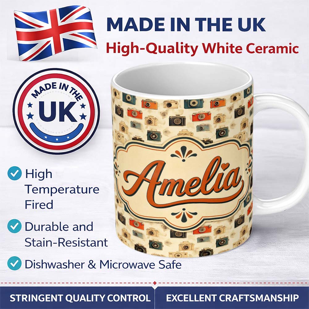 Personalized Custom Name Warm Vintage Camera Pattern with Wooden Texture Background Seamless 11oz Ceramic Coffee Tea Mug White Large Handle