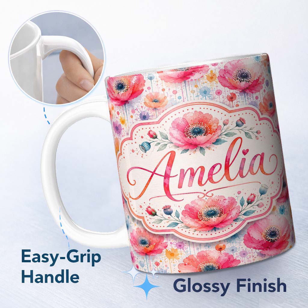 Personalized Custom Name Soft Pastel Poppy Floral Watercolor Artistic Seamless Pattern Lovely 11oz Ceramic Coffee Tea Mug White Large Handle