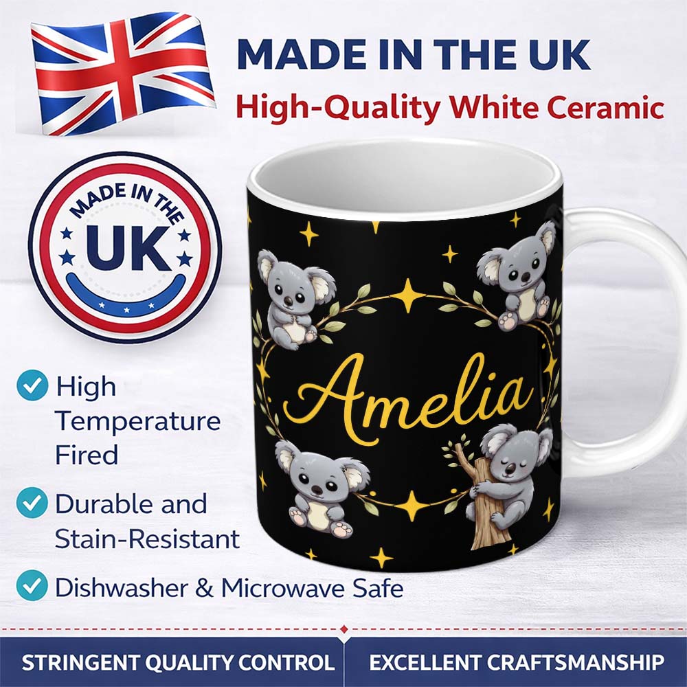 Personalized Custom Name Cute Cartoon Koala Bears with Yellow Stars on Black Background 11oz Ceramic Coffee Tea Mug White Large Handle
