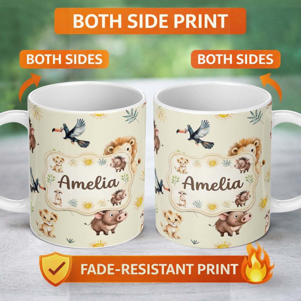 Personalized Custom Name Jungle Animals Lion Meerkat Toucan Boar on Cream Seamless Pattern 11oz Ceramic Coffee Tea Mug White Large Handle