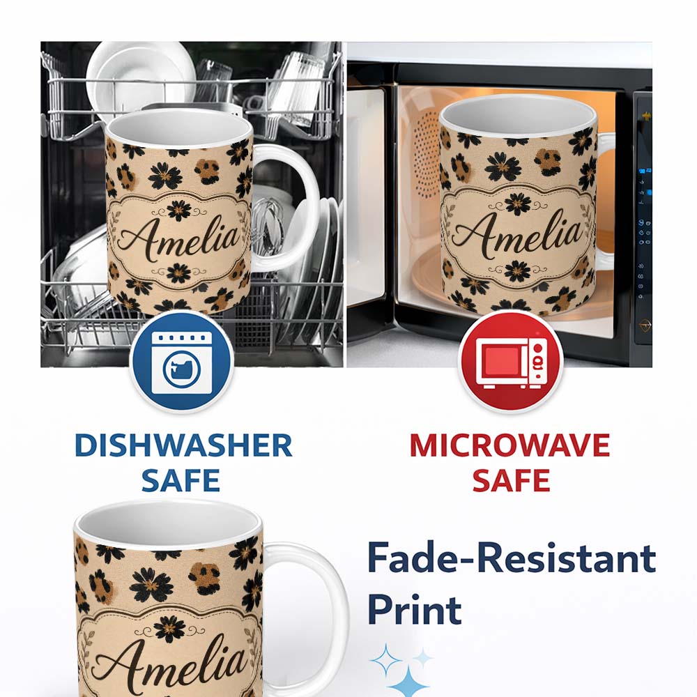 Personalized Custom Name Modern Minimal Floral and Leopard Mix Black FlowersTextured Beige 11oz Ceramic Coffee Tea Mug White Large Handle