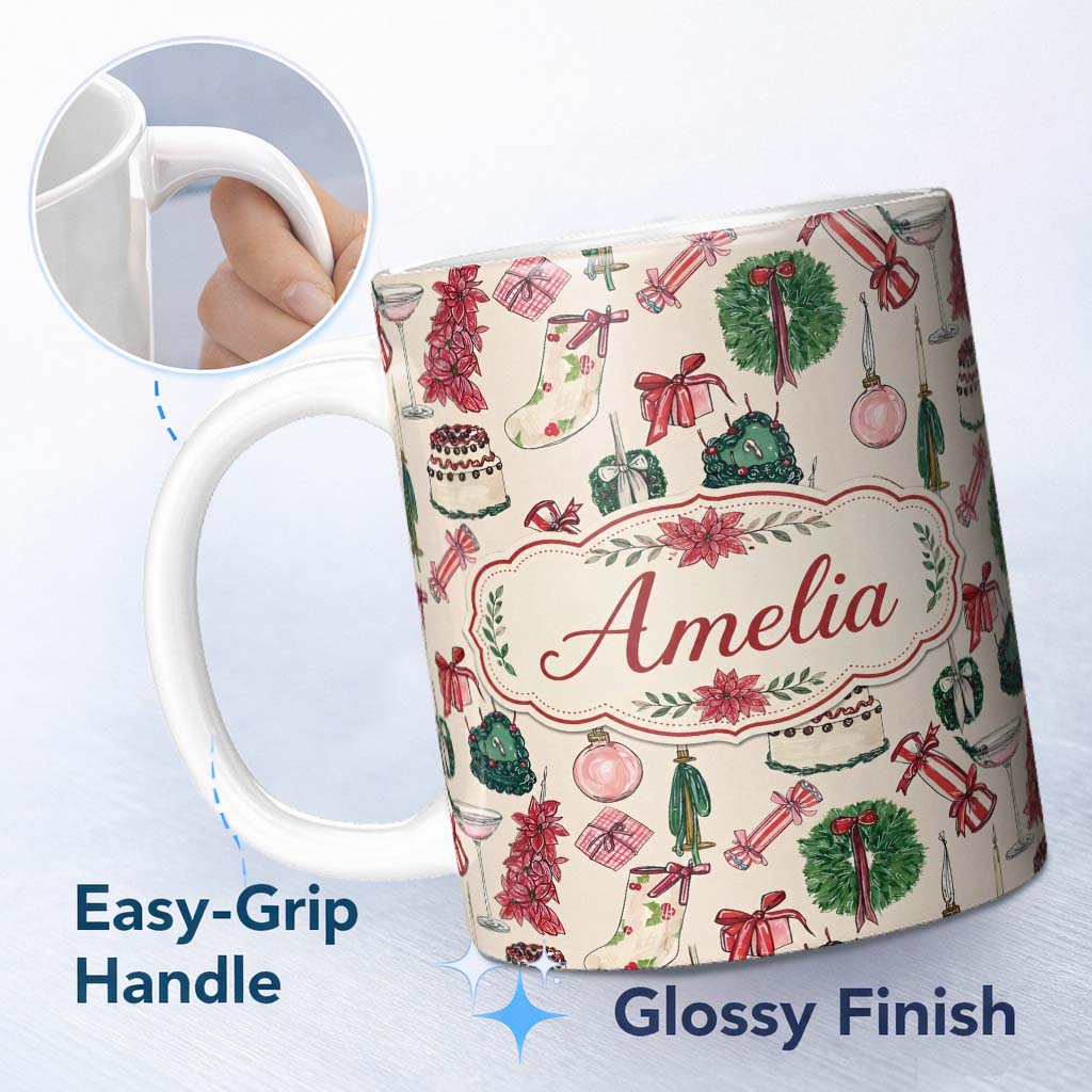 Personalized Custom Name Festive Holiday Cakes Wreaths Candles Gifts Seamless Pattern Lovely 11oz Ceramic Coffee Tea Mug White Large Handle