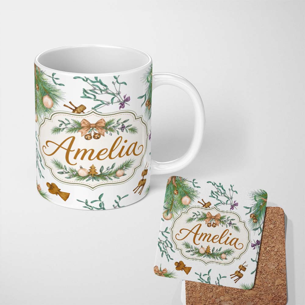 Personalized Custom Name Elegant Christmas Pine Mistletoe Baubles Bells Seamless Pattern 11oz Ceramic Coffee Tea Mug White Large Handle