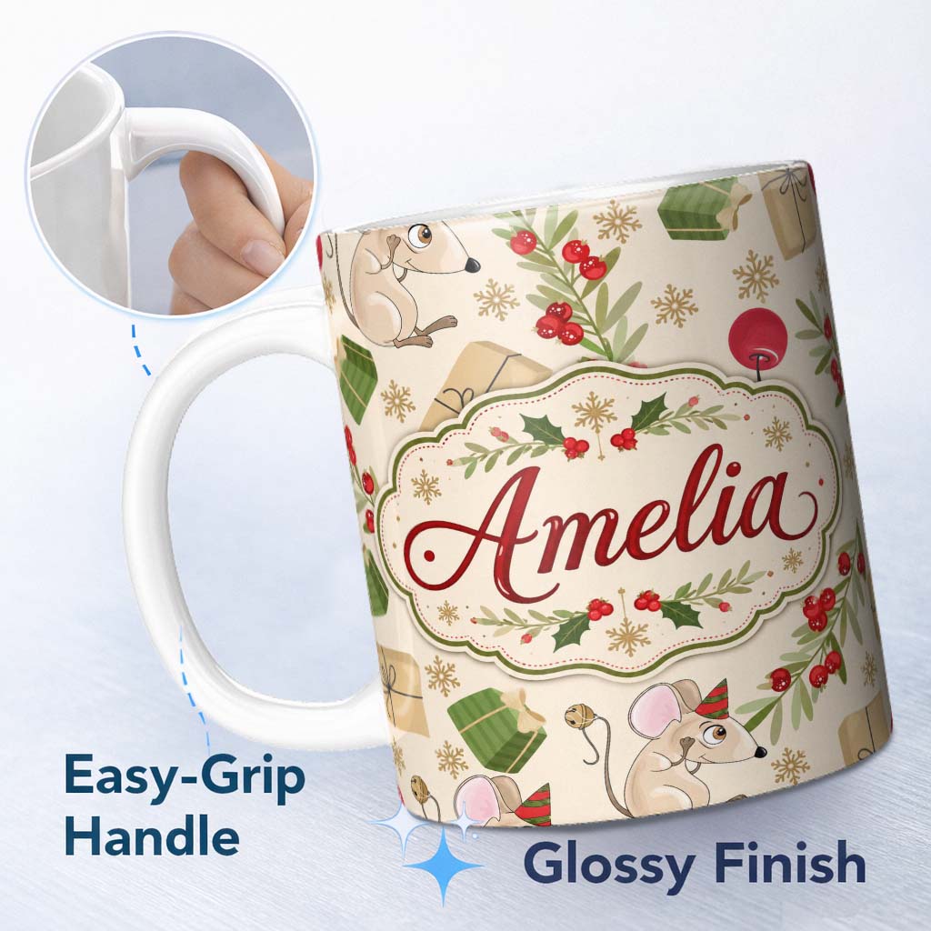 Personalized Custom Name Cute Mouse Gifts Berries Snowflakes Seamless Pattern Festive Holiday 11oz Ceramic Coffee Tea Mug White Large Handle