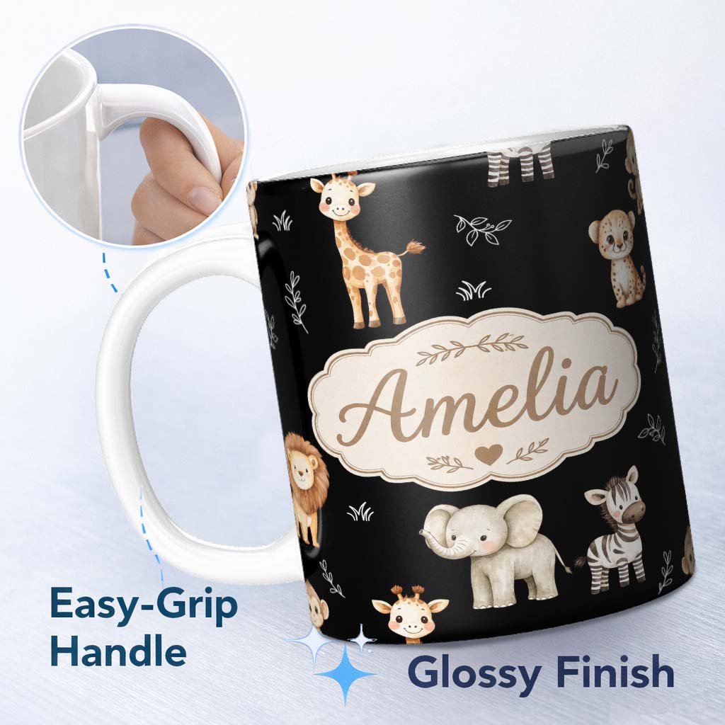 Personalized Custom Name Safari Animals with Elephant Lion Cub and Elephant on Black Lovely 11oz Ceramic Coffee Tea Mug White Large Handle