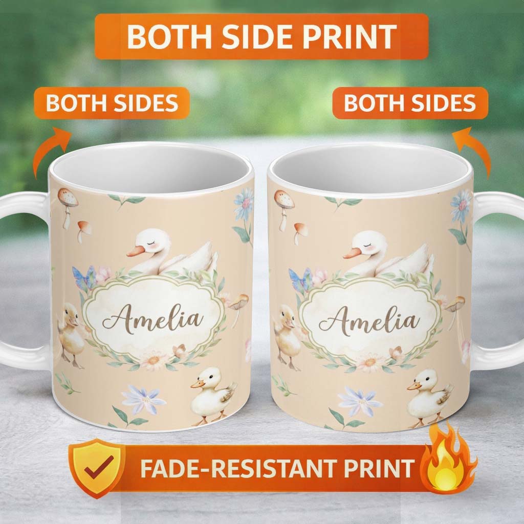 Personalized Custom Name Swan and Ducklings with Flowers Mushrooms Soft Beige Seamless 11oz Ceramic Coffee Tea Mug White Large Handle