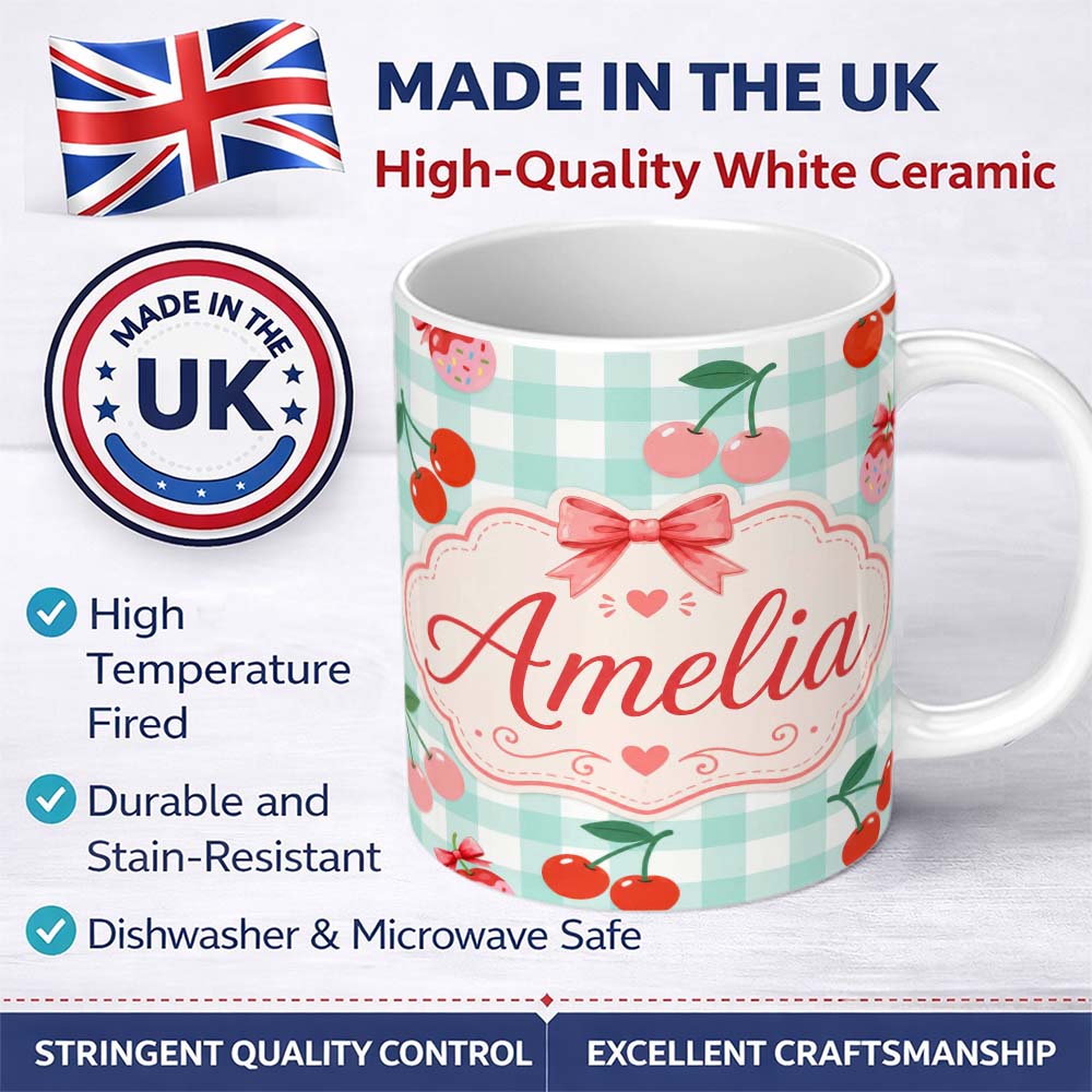 Personalized Custom Name Cute Cherry Fruit with Bow and Sprinkles Pattern Mint Gingham Check 11oz Ceramic Coffee Tea Mug White Large Handle