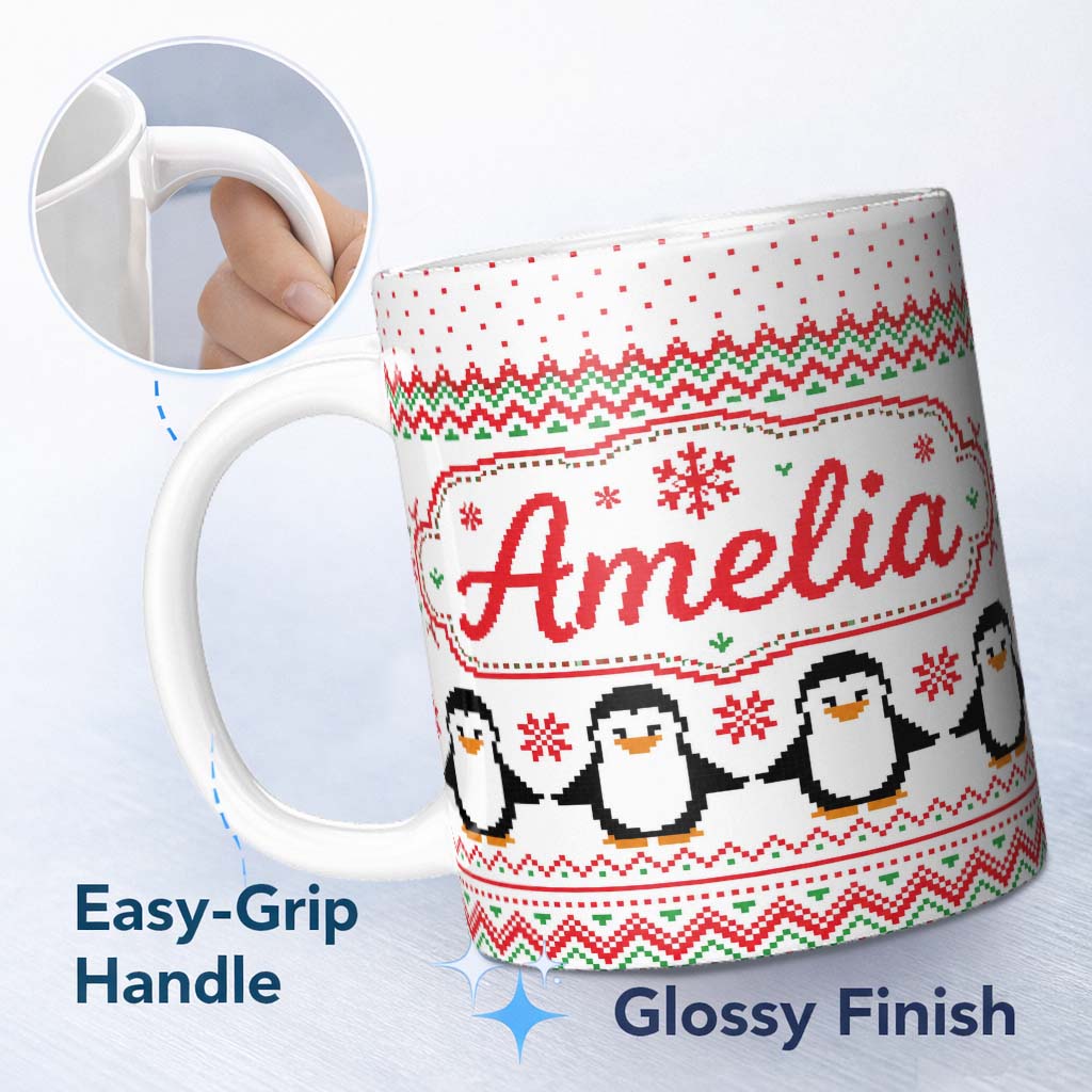 Personalized Custom Name White Red Green Nordic Penguin Snowflake Knit Seamless Pattern 11oz Ceramic Coffee Tea Mug White Large Handle