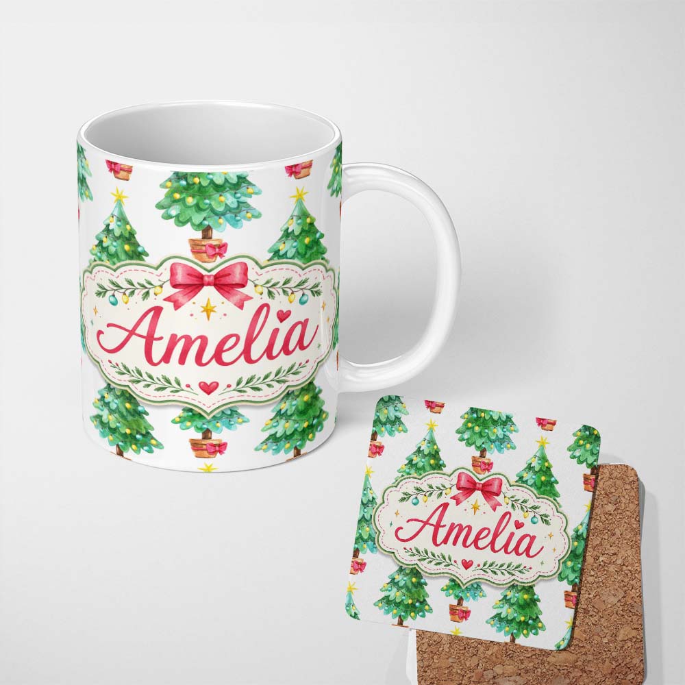 Personalized Custom Name Watercolor Christmas Trees with Lights and Stars Cute Seamless 11oz Ceramic Coffee Tea Mug White Large Handle