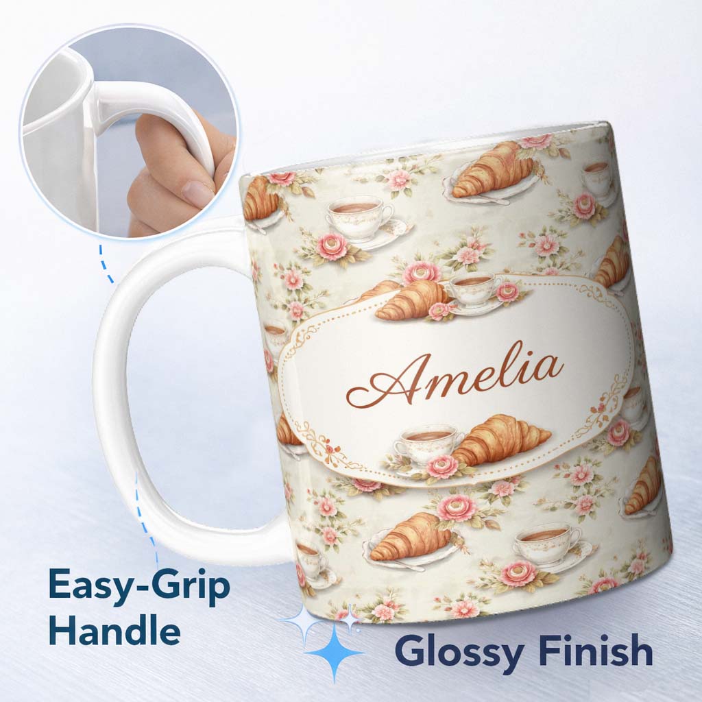 Personalized Custom Name Floral Vintage Croissant Tea Cup Seamless Pattern Shabby Chic Style 11oz Ceramic Coffee Tea Mug White Large Handle