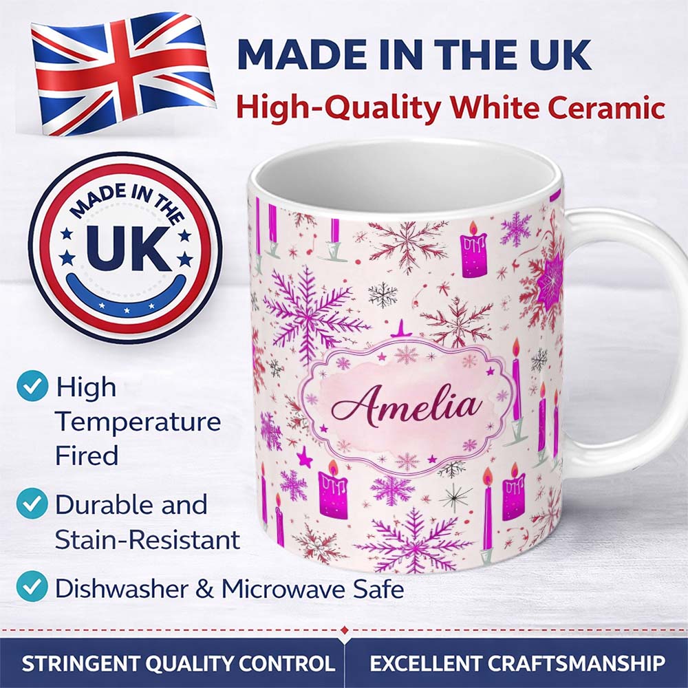 Personalized Custom Name Pink Snowflake Candle Winter Holiday Seamless Pattern Lovely 11oz Ceramic Coffee Tea Mug White Large Handle