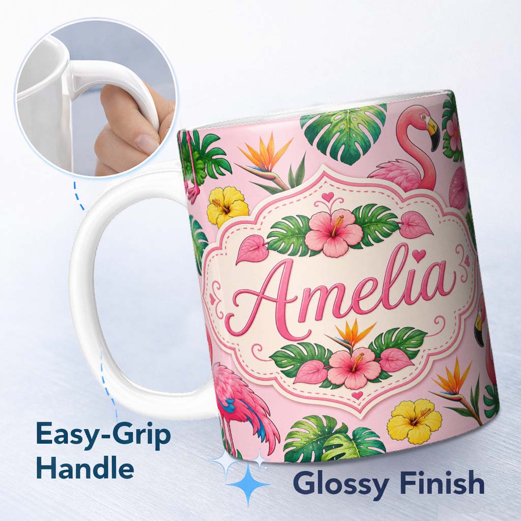 Personalized Custom Name Tropical Flamingo with Hibiscus Flowers and Leaves Soft Pink Lovely 11oz Ceramic Coffee Tea Mug White Large Handle