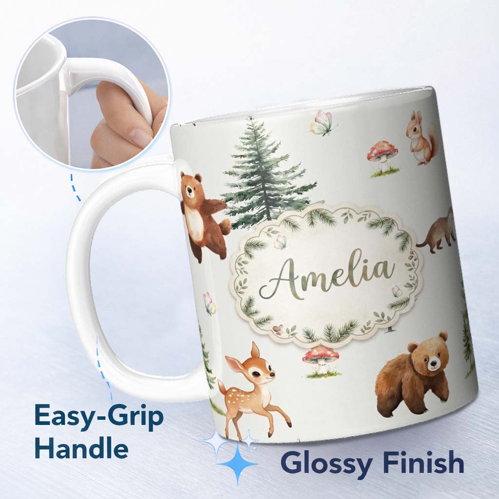 Personalized Custom Name Bear Bunny Squirrel Trees Mushrooms Butterfly Soft Neutral Seamless 11oz Ceramic Coffee Tea Mug White Large Handle