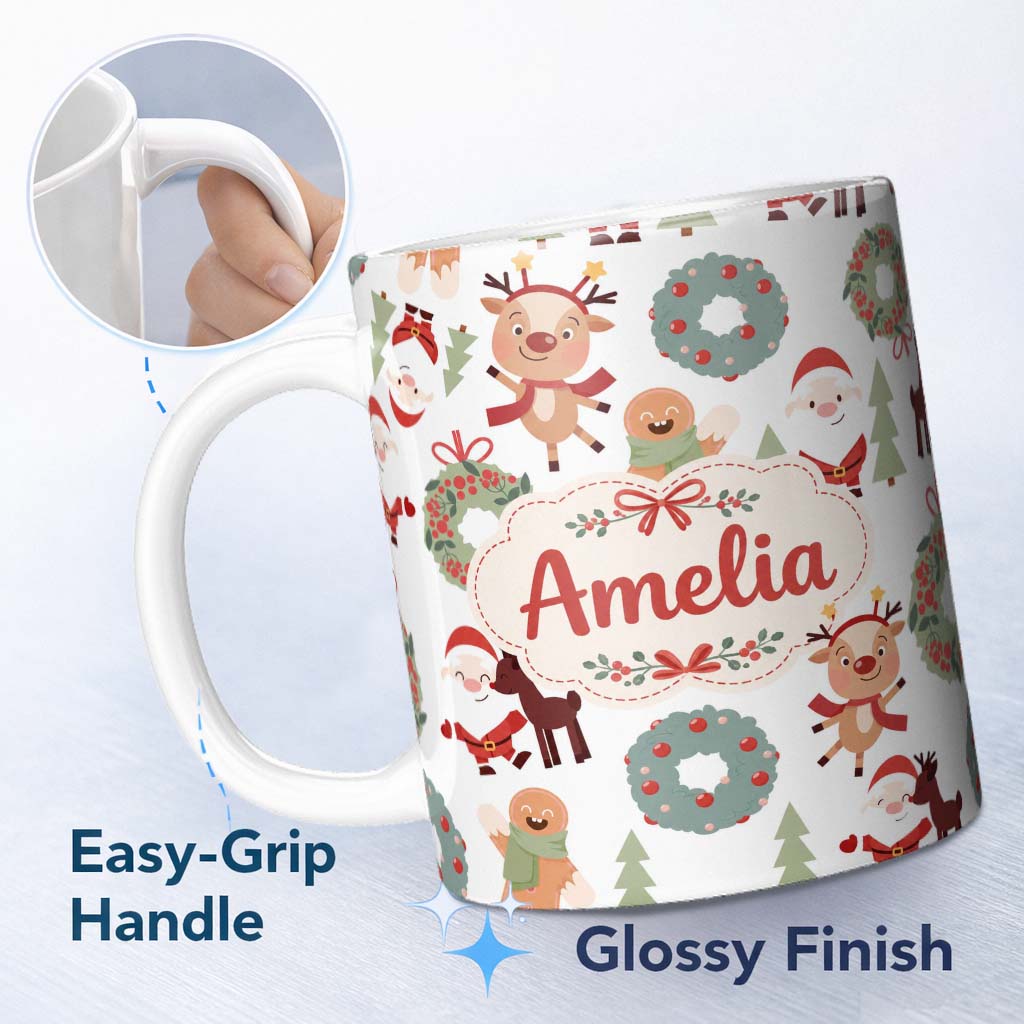 Personalized Custom Name Cute Santa Reindeer Gingerbread Wreath Seamless Pattern Lovely 11oz Ceramic Coffee Tea Mug White Large Handle