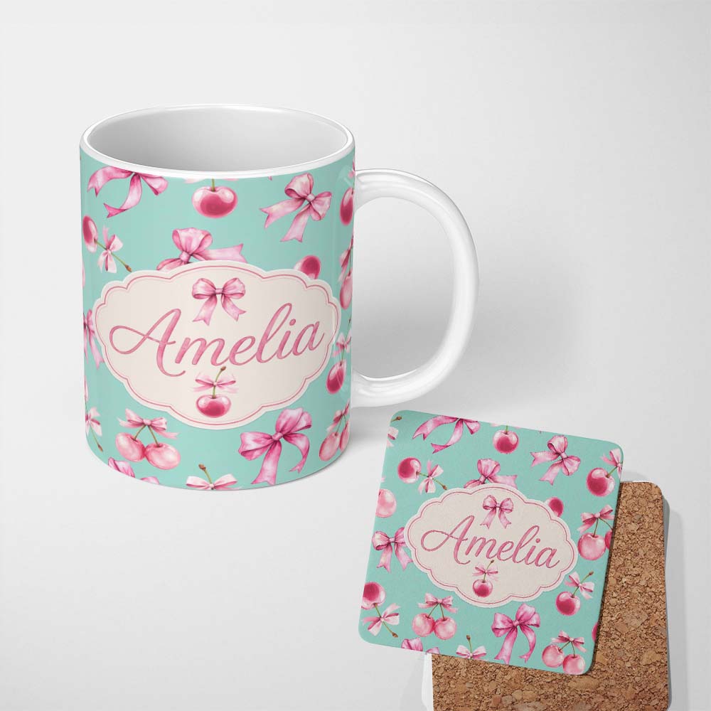 Personalized Custom Name Watercolor Pink Cherry Ribbon Bow Seamless Pattern Mint Green Lovely 11oz Ceramic Coffee Tea Mug White Large Handle