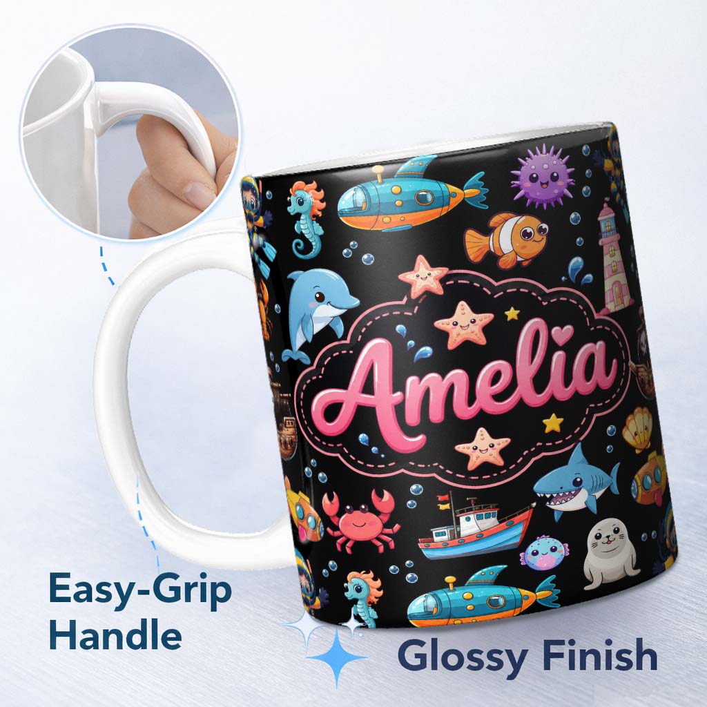 Personalized Custom Name Cartoon Ocean with various sea CreaturesSea Creatures on Clean White 11oz Ceramic Coffee Tea Mug White Large Handle