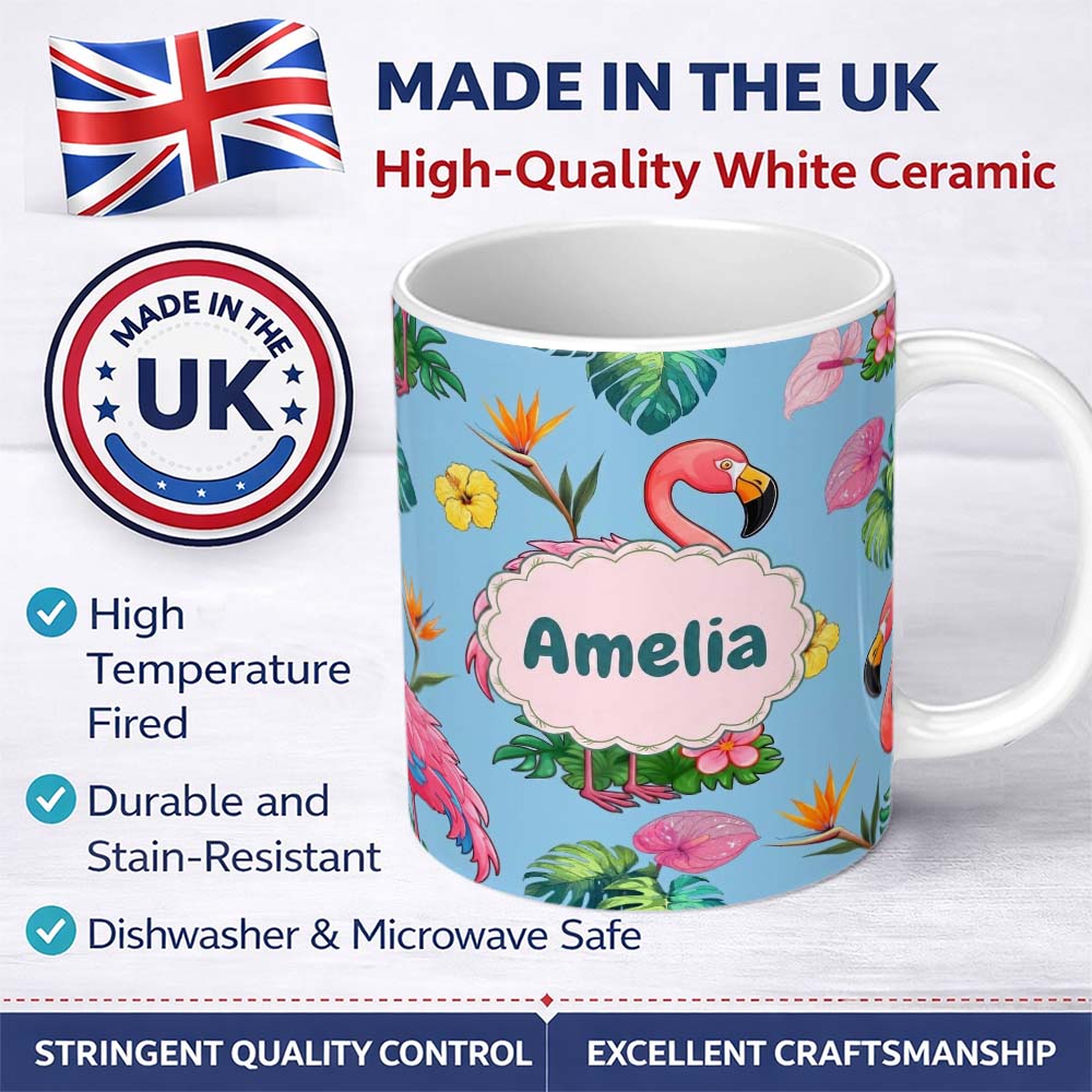 Personalized Custom Name Tropical Flamingo Bird with Exotic Flowers Leaves Pattern Blue 11oz Ceramic Coffee Tea Mug White Large Handle