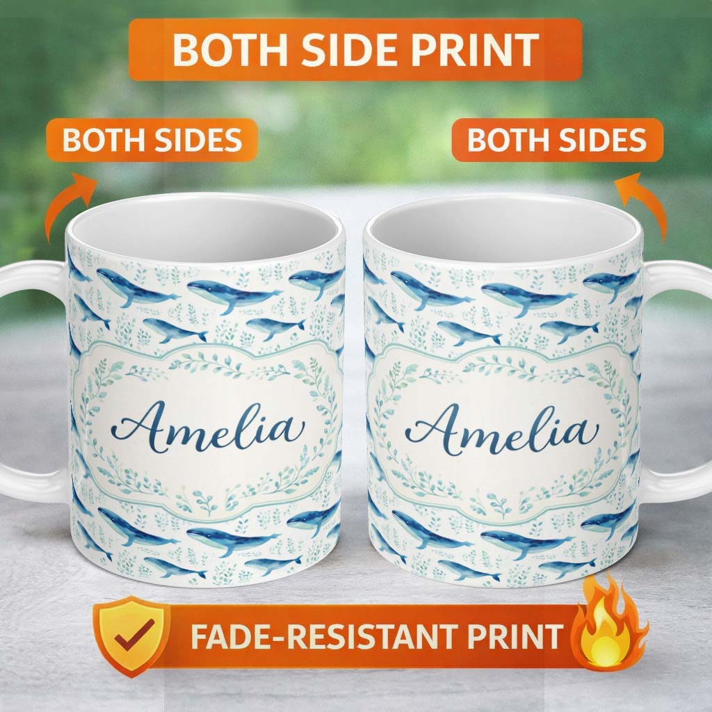 Personalized Custom Name Watercolor Blue Whale Seaweed Seamless Pattern Marine Ocean Design 11oz Ceramic Coffee Tea Mug White Large Handle