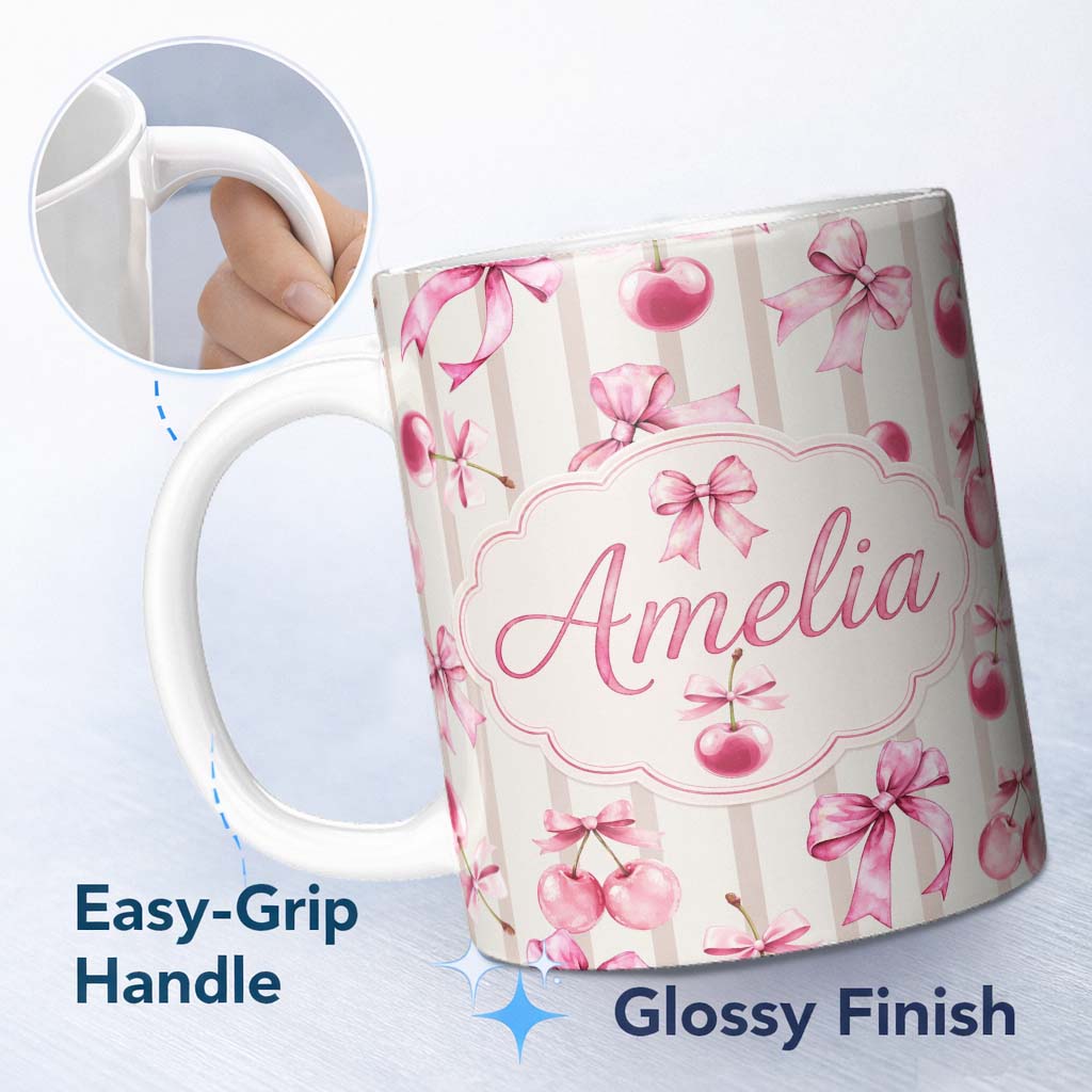 Personalized Custom Name Watercolor Pink Cherry Ribbon Bow Seamless Pattern Soft Pink Stripe 11oz Ceramic Coffee Tea Mug White Large Handle