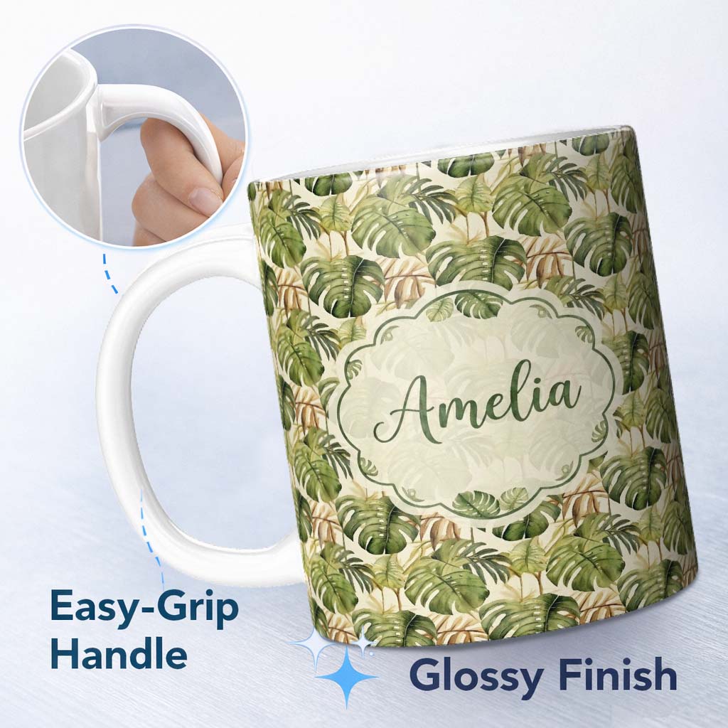Personalized Custom Name Earthy Botanical Monstera Leaves with Branch Details Seamless Lovely 11oz Ceramic Coffee Tea Mug White Large Handle