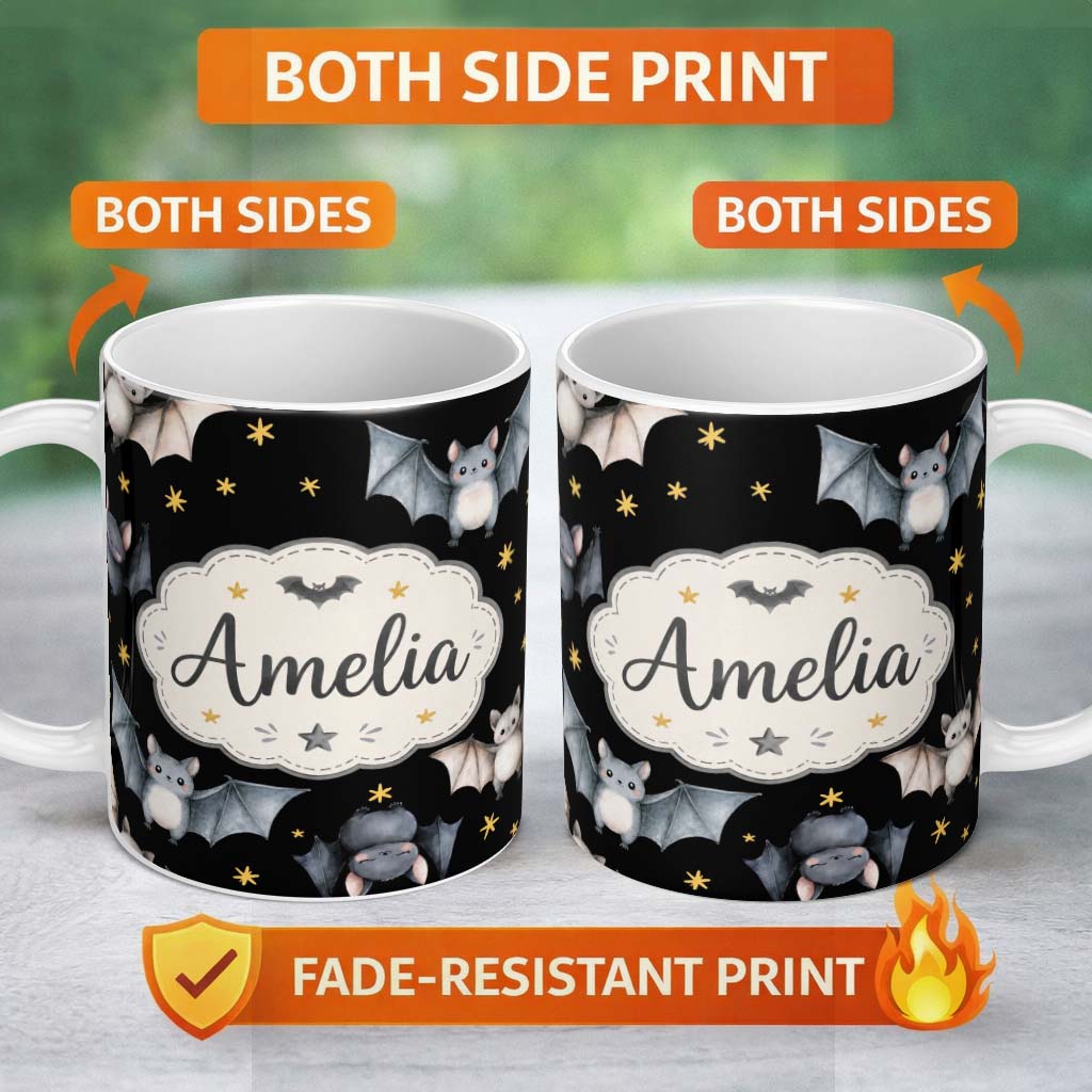 Personalized Custom Name Cute Halloween Bats Flying Yellow Stars Night Sky Seamless Pattern 11oz Ceramic Coffee Tea Mug White Large Handle