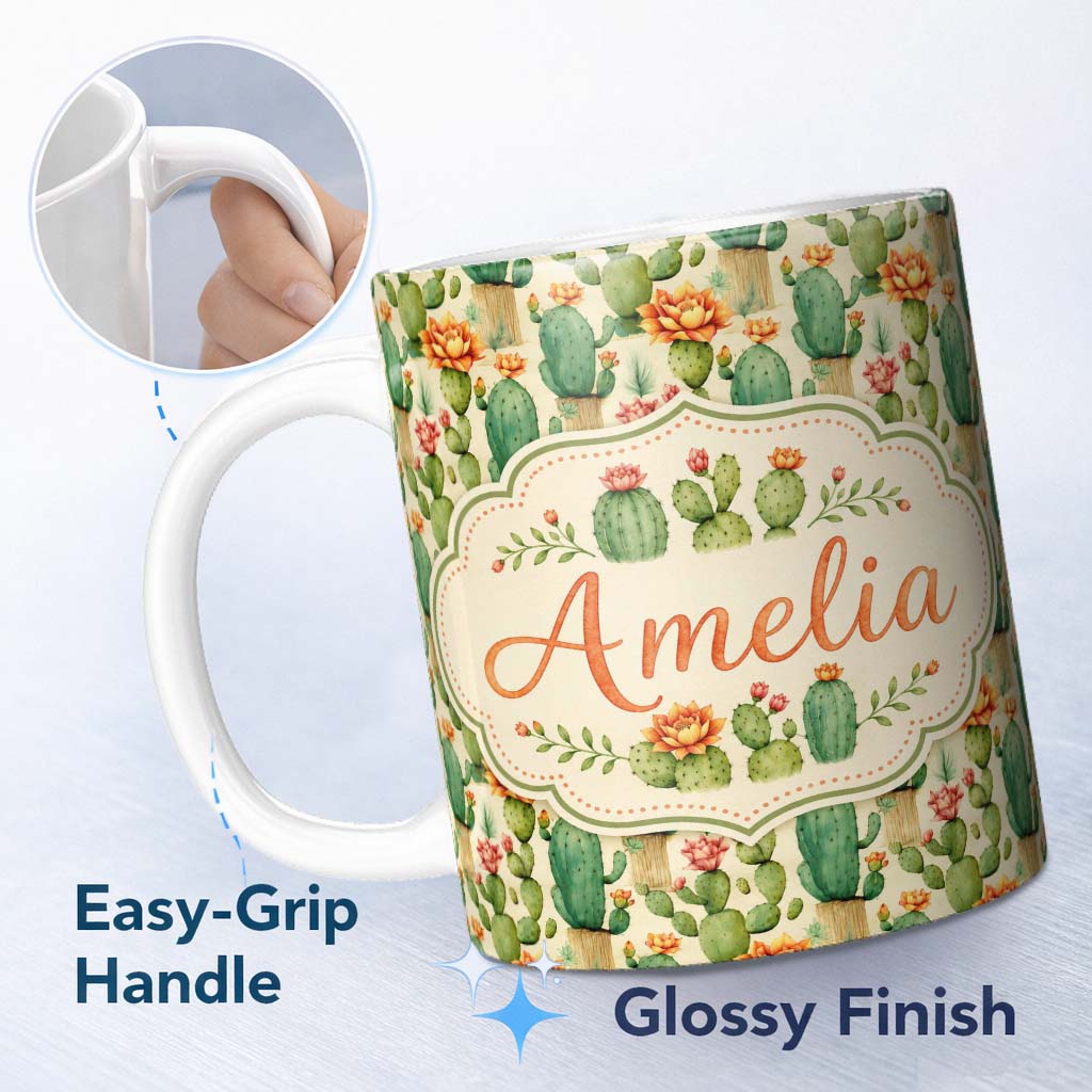 Personalized Custom Name Elegant Blooming Cactus Floral Botanical Seamless Pattern Design 11oz Ceramic Coffee Tea Mug White Large Handle