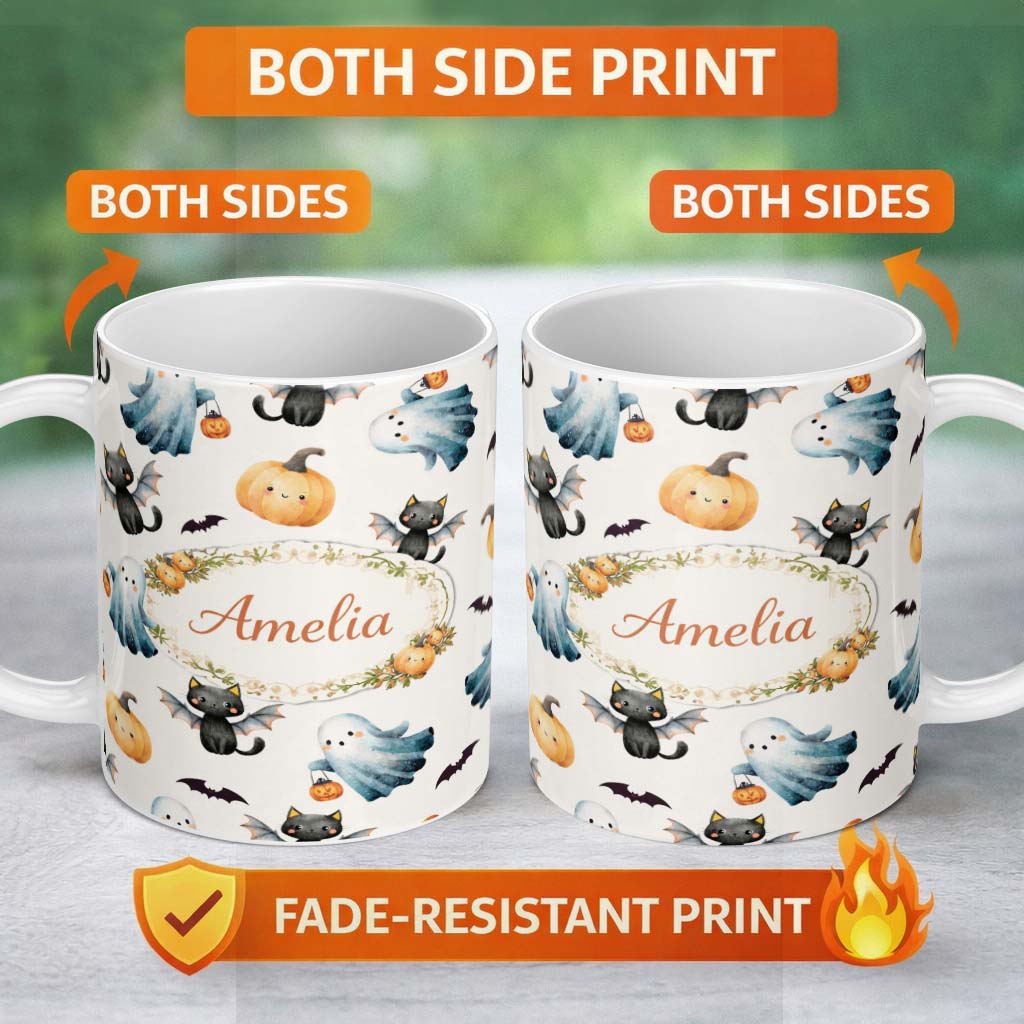 Personalized Custom Name Halloween Ghost Pumpkin Cat Seamless Pattern Light Grey Cute Spooky 11oz Ceramic Coffee Tea Mug White Large Handle