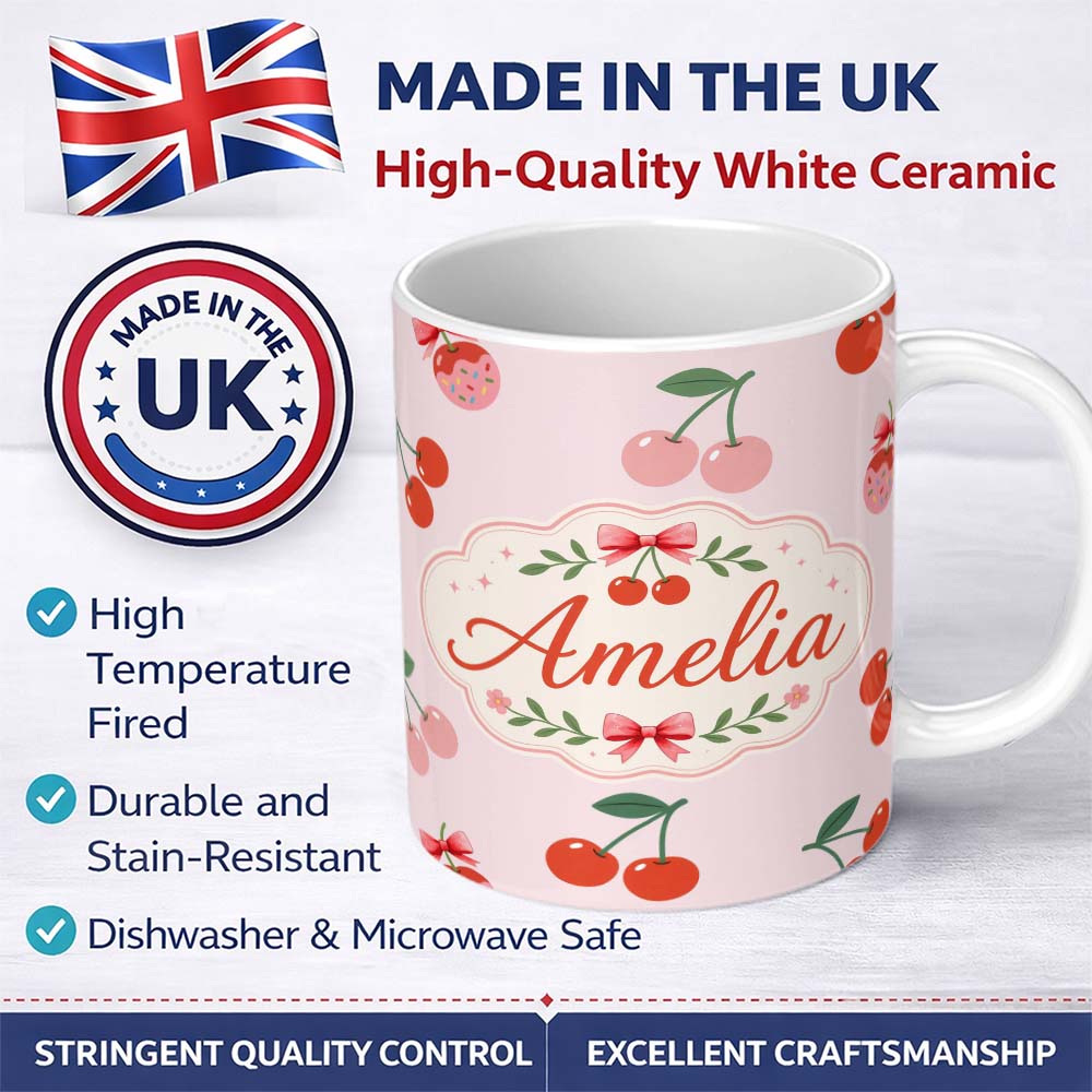 Personalized Custom Name Cute Cherry Fruit Soft Pink Background Sweet Seamless Pattern Lovely 11oz Ceramic Coffee Tea Mug White Large Handle