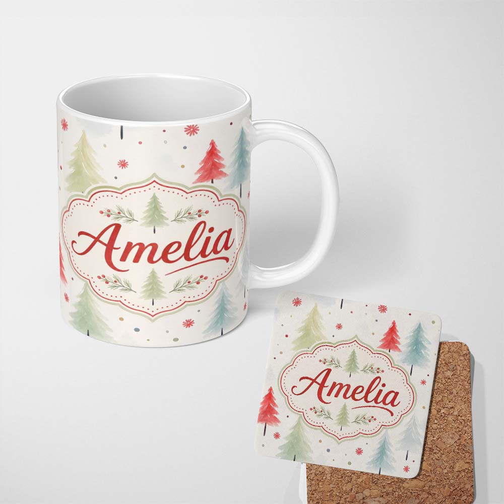 Personalized Custom Name Soft Watercolor Christmas Trees Minimal Winter Seamless Pattern 11oz Ceramic Coffee Tea Mug White Large Handle