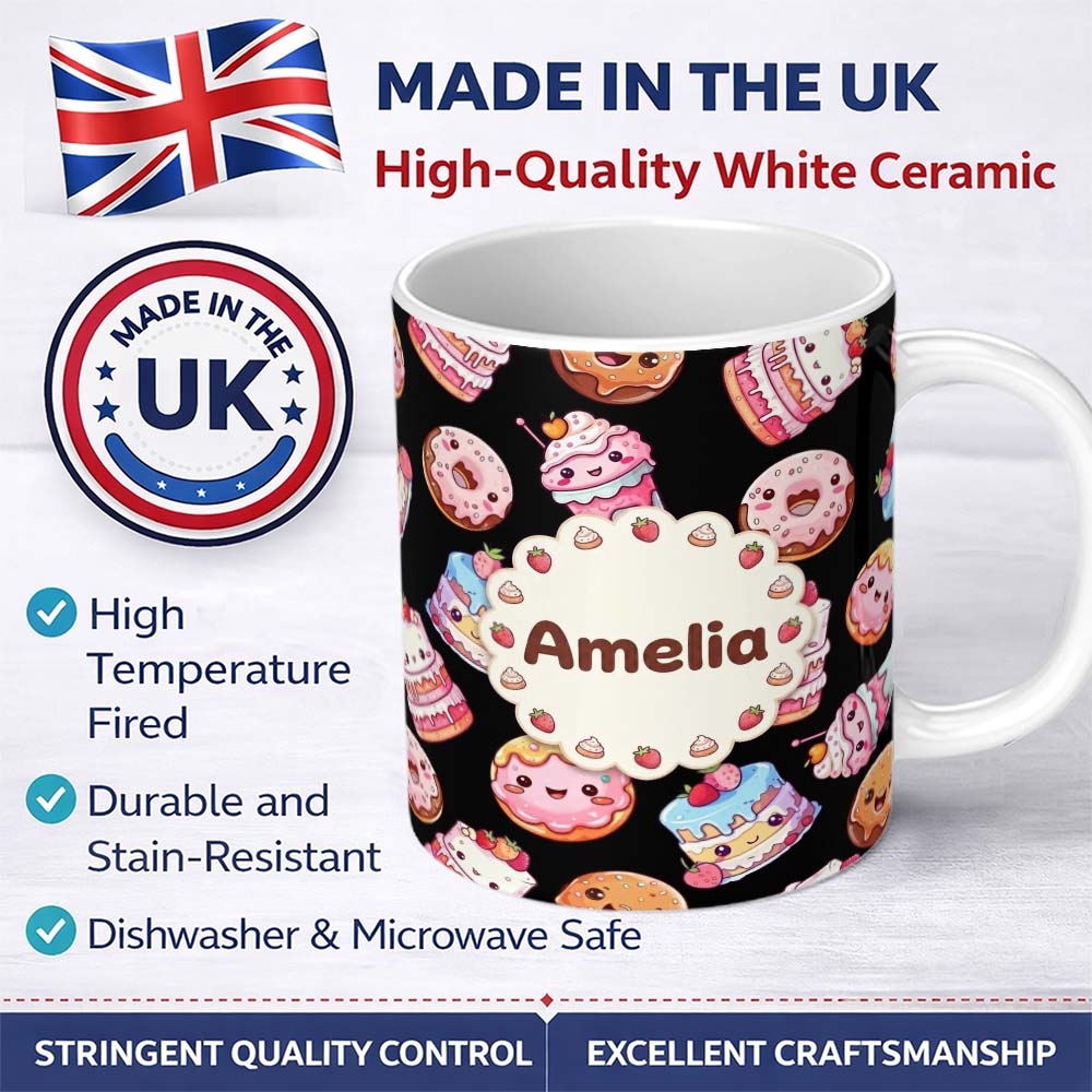 Personalized Custom Name Cute Kawaii Donuts Cakes and Cupcakes with Smiling Faces Seamless 11oz Ceramic Coffee Tea Mug White Large Handle