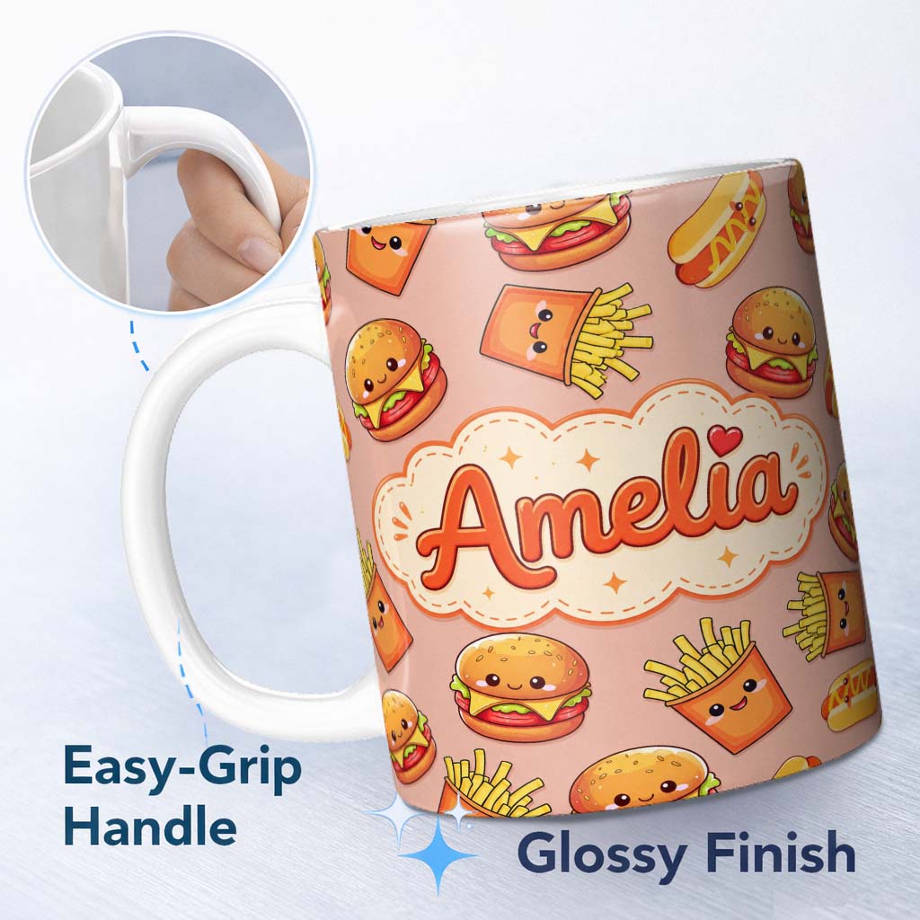 Personalized Custom Name Cute Kawaii Burger Fries Hotdog Fast Food Beige Background Seamless 11oz Ceramic Coffee Tea Mug White Large Handle