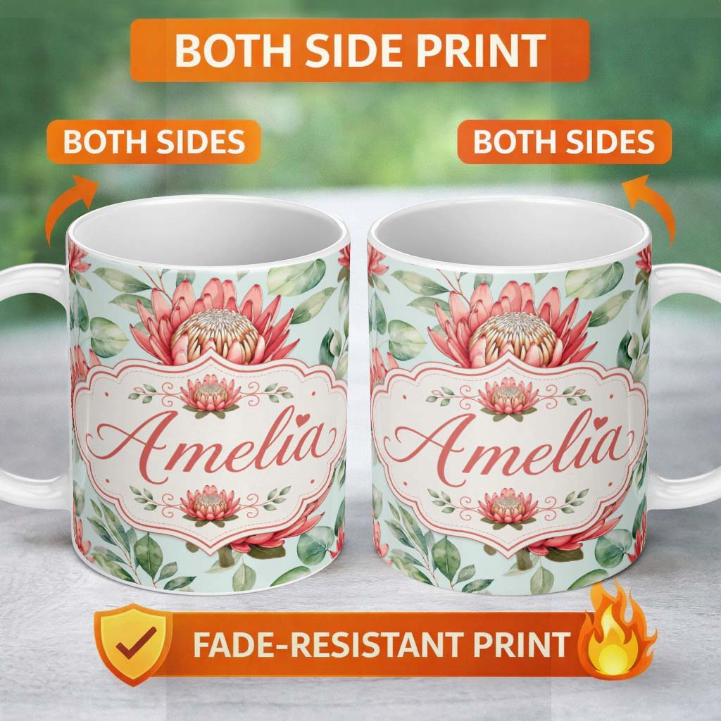 Personalized Custom Name Coral Protea Flowers on Soft Mint Background Seamless Botanical 11oz Ceramic Coffee Tea Mug White Large Handle