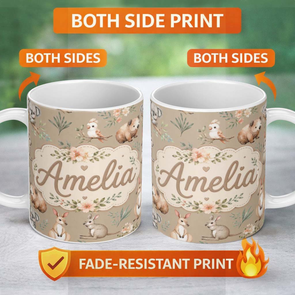 Personalized Custom Name Cute Woodland Animals Koala Kangaroo Bear Floral Pattern Taupe 11oz Ceramic Coffee Tea Mug White Large Handle