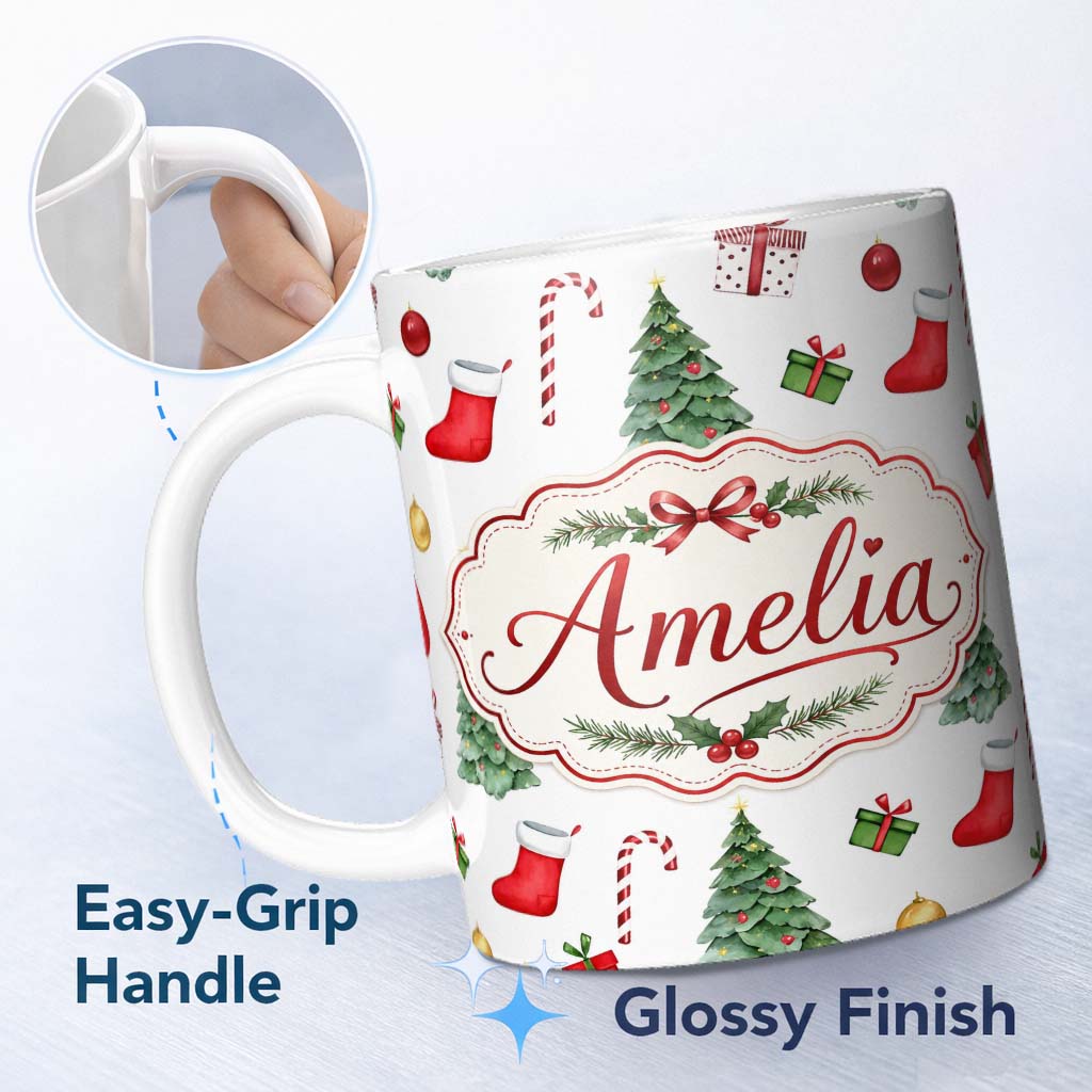 Personalized Custom Name Christmas Tree Gifts Candy Cane Stockings Seamless Pattern Lovely 11oz Ceramic Coffee Tea Mug White Large Handle