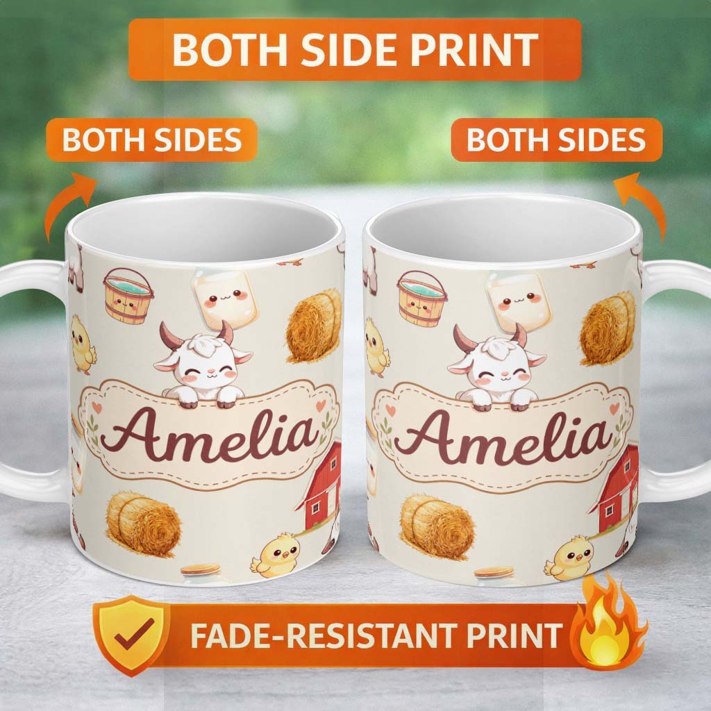 Personalized Custom Name Cute Farm Goat Barn Hay Bale Chick Milk Bucket Beige Background 11oz Ceramic Coffee Tea Mug White Large Handle