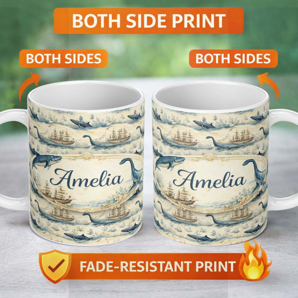 Personalized Custom Name Watercolour Whale Seamless Pattern Soft Ocean Marine Animal Design 11oz Ceramic Coffee Tea Mug White Large Handle