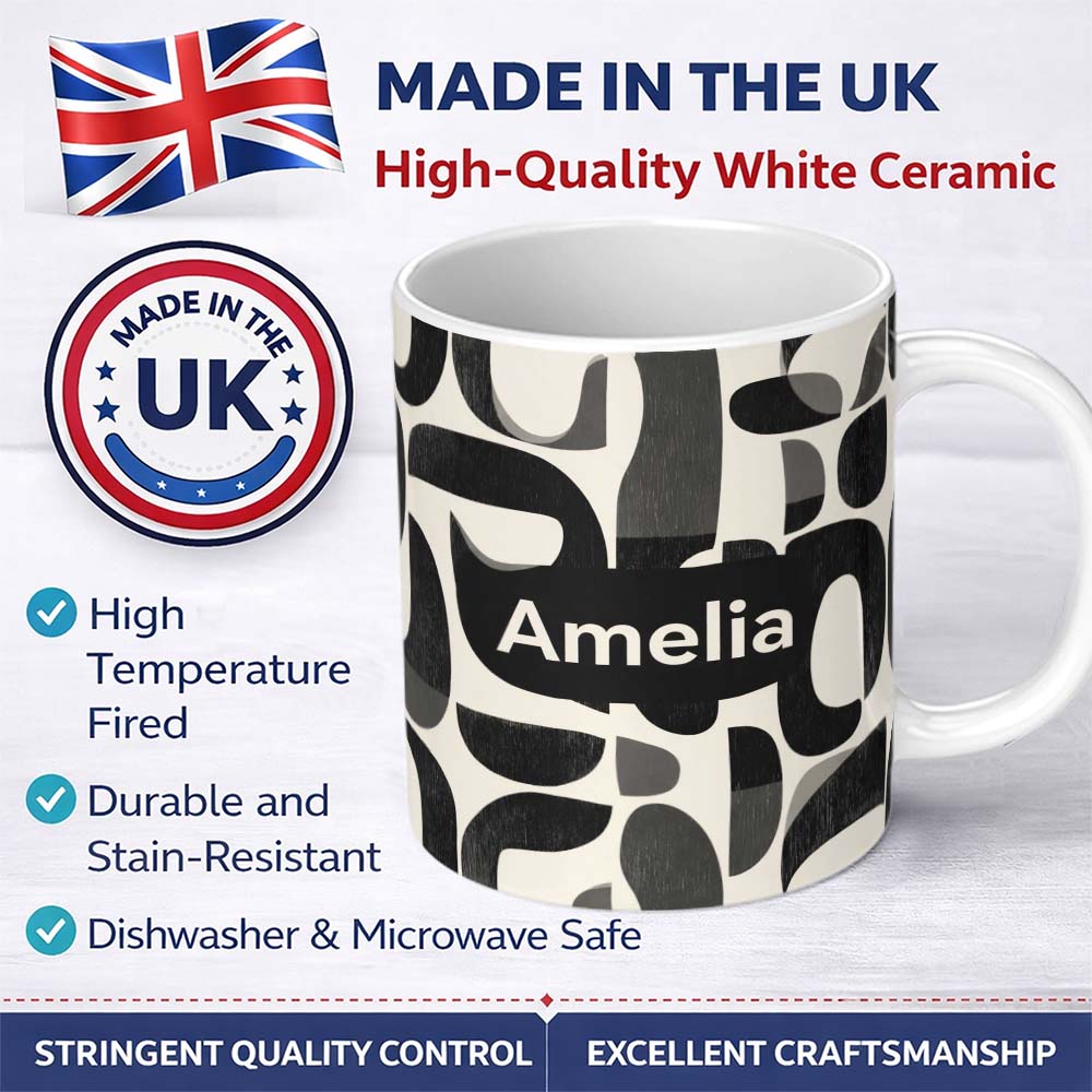 Personalized Custom Name Bold Curved Shapes Black Grey Modern Abstract Pattern Lovely 11oz Ceramic Coffee Tea Mug White Large Handle