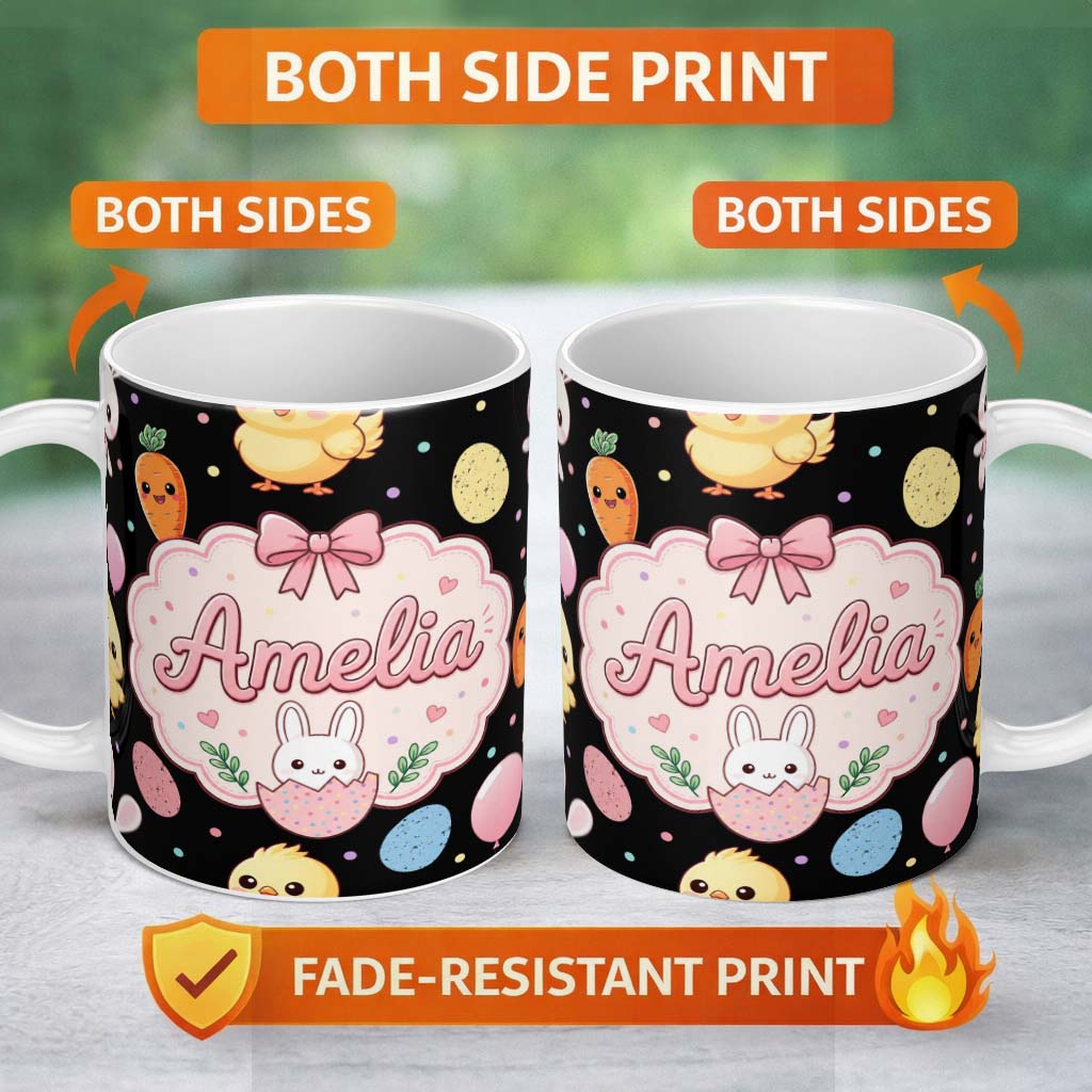 Personalized Custom Name Cute Easter Bunny Chick Carrots Eggs Polka Dot Pattern Black Lovely 11oz Ceramic Coffee Tea Mug White Large Handle