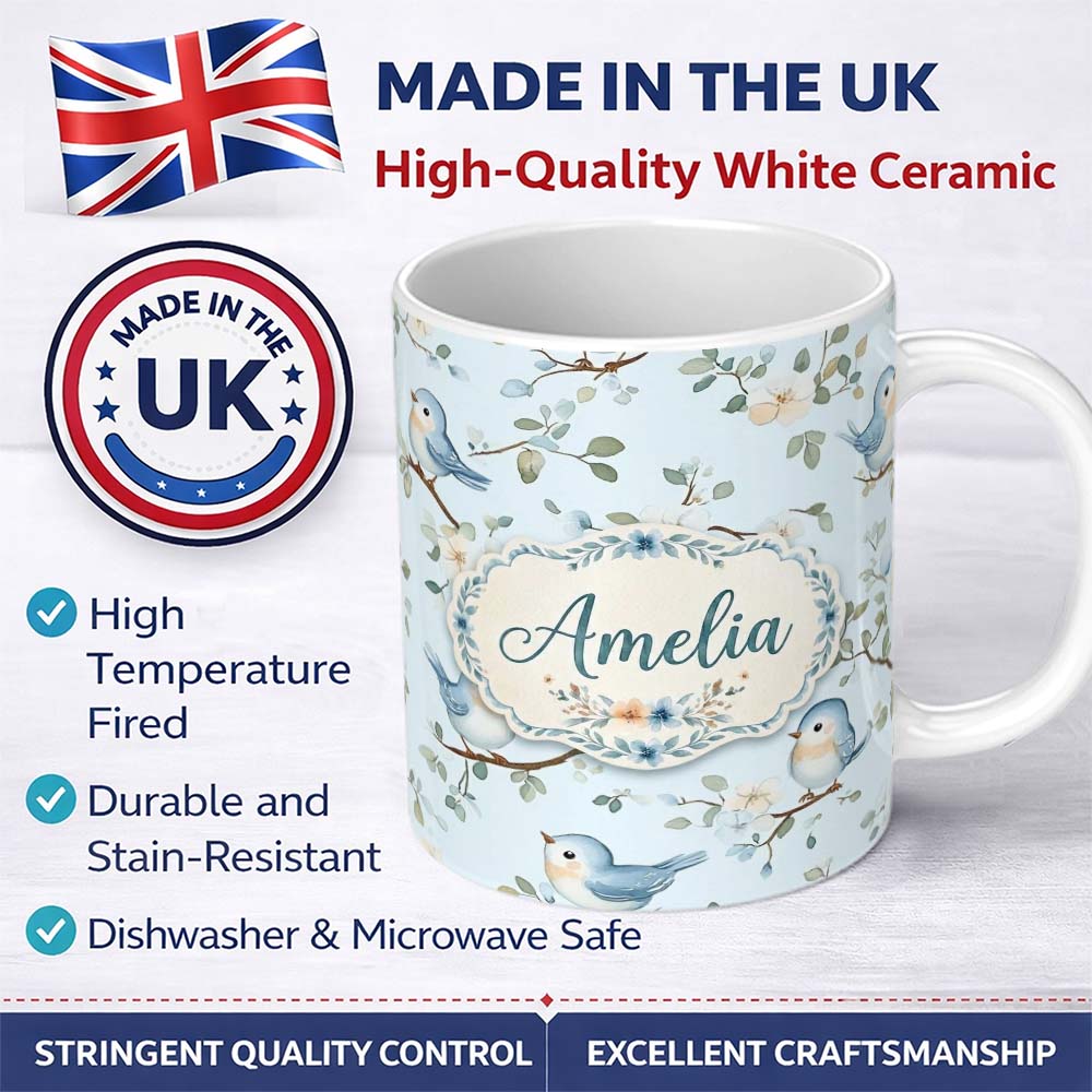 Personalized Custom Name Cute Blue Birds on Floral Branches Soft Background Seamless Pattern 11oz Ceramic Coffee Tea Mug White Large Handle