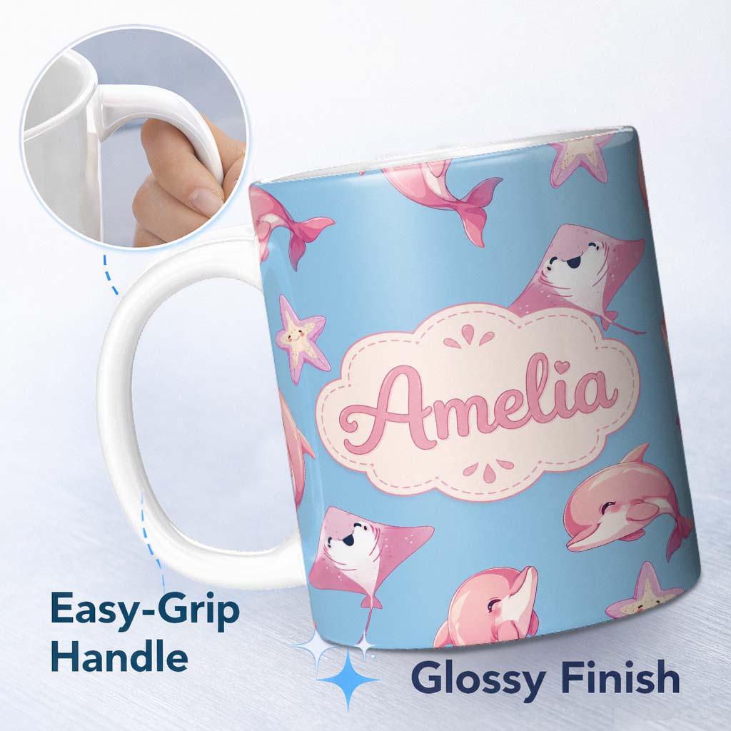 Personalized Custom Name Cute Pink Dolphins and Starfish Seamless Ocean Pattern Soft Blue 11oz Ceramic Coffee Tea Mug White Large Handle