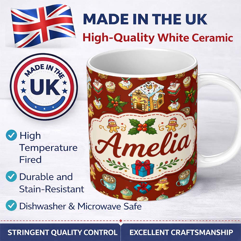 Personalized Custom Name Gingerbread House Cupcake Candy Christmas Seamless Pattern Lovely 11oz Ceramic Coffee Tea Mug White Large Handle