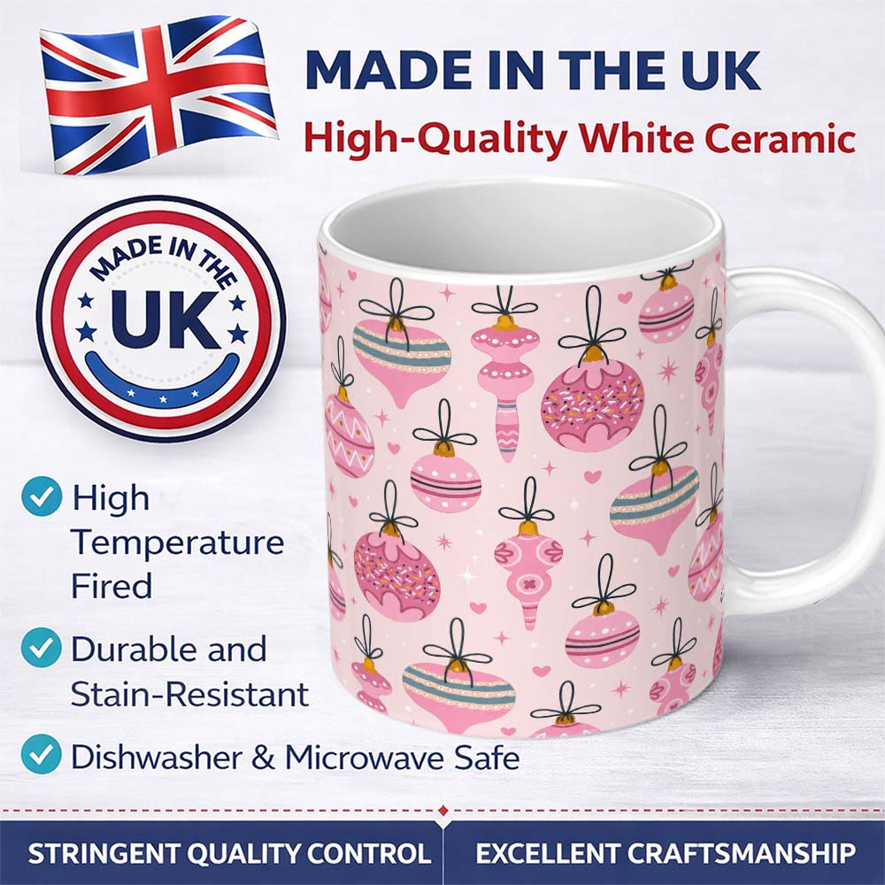 Personalized Custom Name Cute Pink Christmas Baubles Ornament Seamless Pattern Lovely 11oz Ceramic Coffee Tea Mug White Large Handle