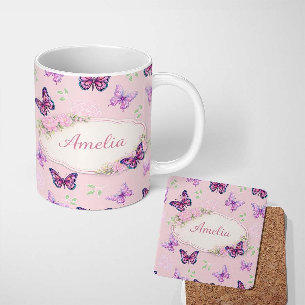 Personalized Custom Name Pink Purple Butterfly Floral Soft Pink Background Seamless Pattern 11oz Ceramic Coffee Tea Mug White Large Handle
